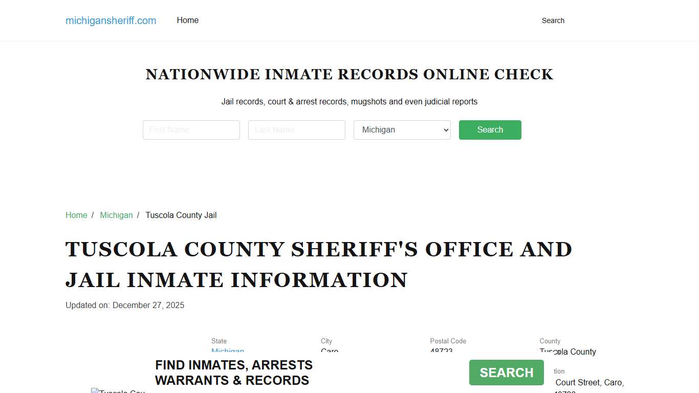 Tuscola County Sheriff, Michigan, Jail Inmate Search